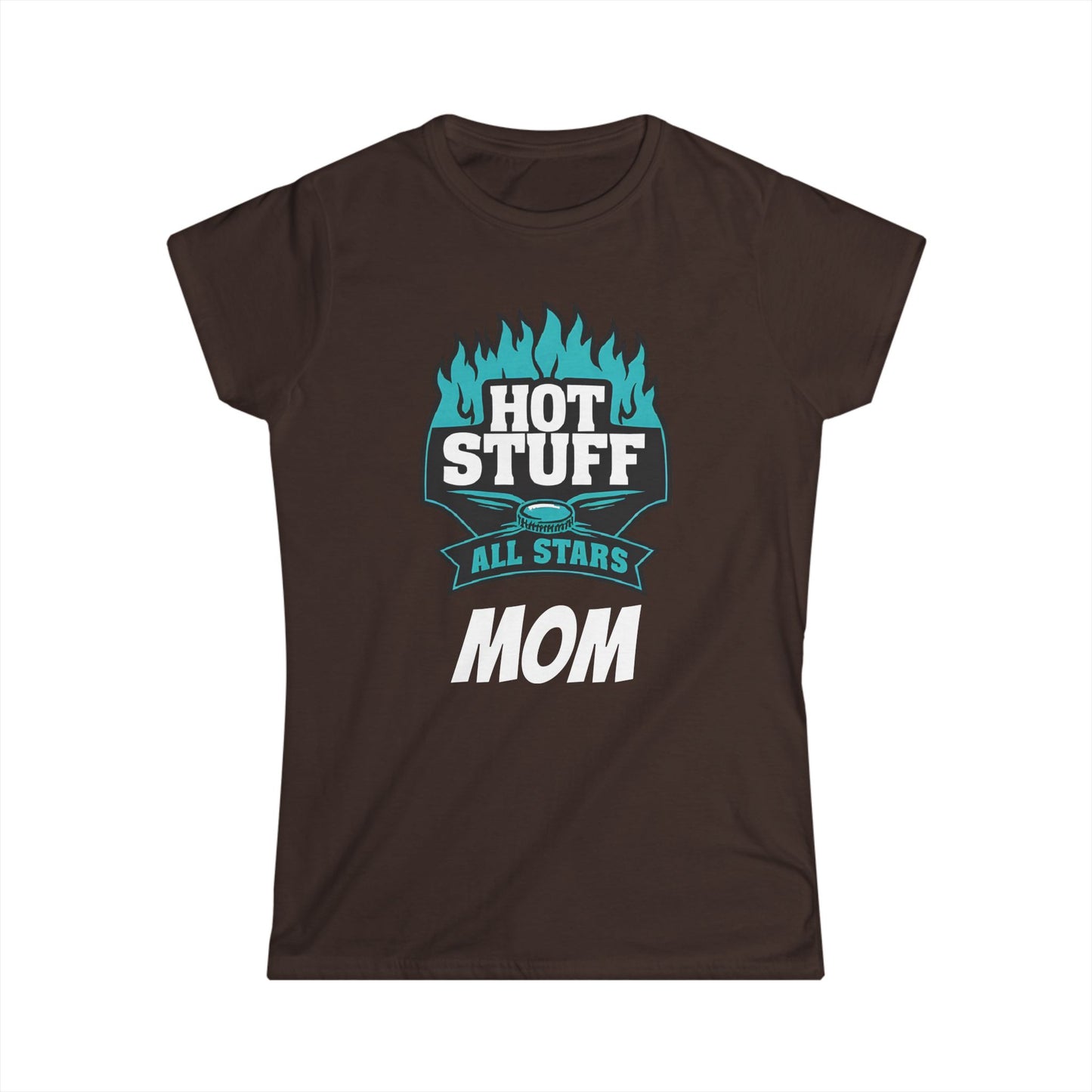 Brown t-shirt with 'Hot Stuff All Stars Mom' graphic design on a white background