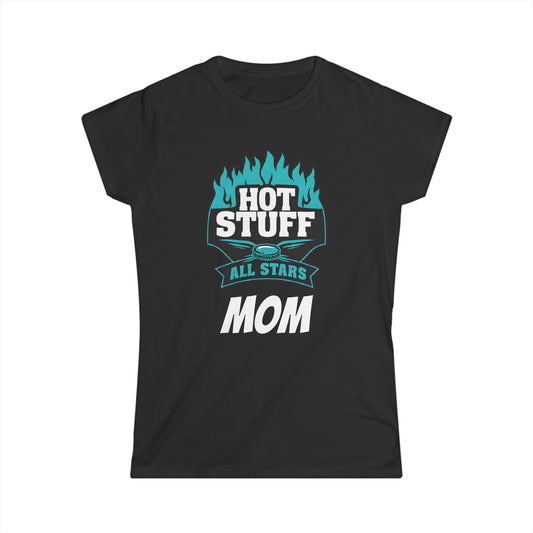 Black t-shirt with 'Hot Stuff All Stars Mom' graphic design on a white background